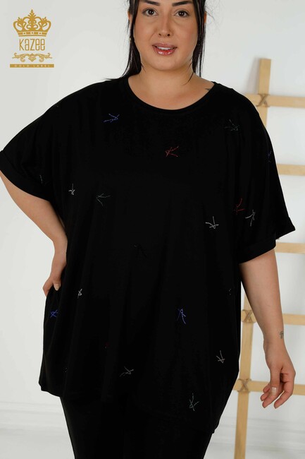 Women's Blouse Stone Embroidered Black - 79333 | KAZEE - Thumbnail