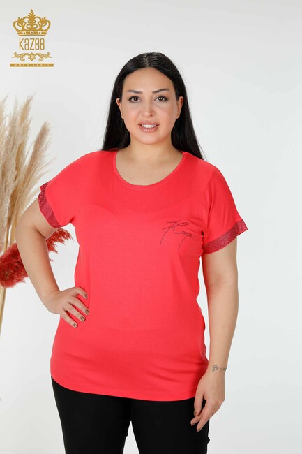 Women's Blouse Stone Embroidered Coral - 78918 | KAZEE - Thumbnail