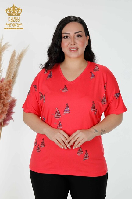 Women's Blouse Stone Embroidered Coral - 78936 | KAZEE - Thumbnail