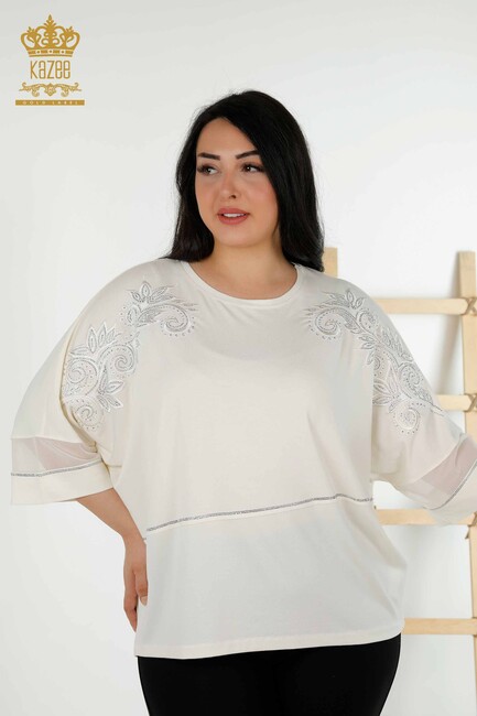 Women's Blouse Stone Embroidered Ecru - 79051 | KAZEE - Thumbnail