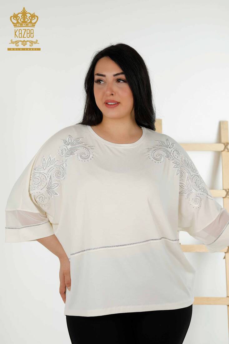 Women's Blouse Stone Embroidered Ecru - 79051 | KAZEE