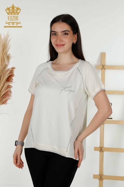 Women's Blouse Stone Embroidered Ecru - 79232 | KAZEE - Thumbnail