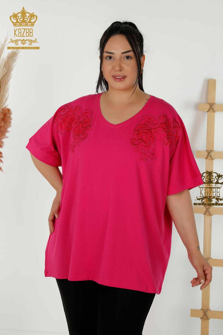 Women's Blouse Stone Embroidered Fuchsia - 79090 | KAZEE