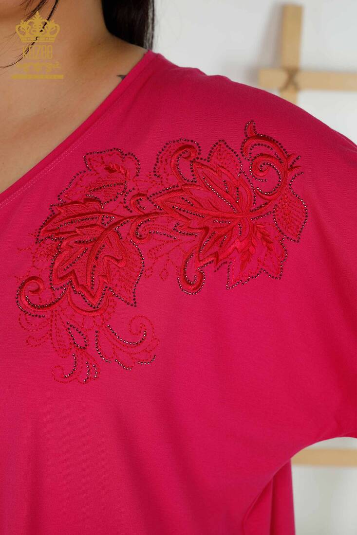 Women's Blouse Stone Embroidered Fuchsia - 79090 | KAZEE