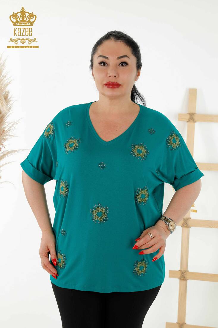 Women's Blouse Stone Embroidered Green - 78879 | KAZEE