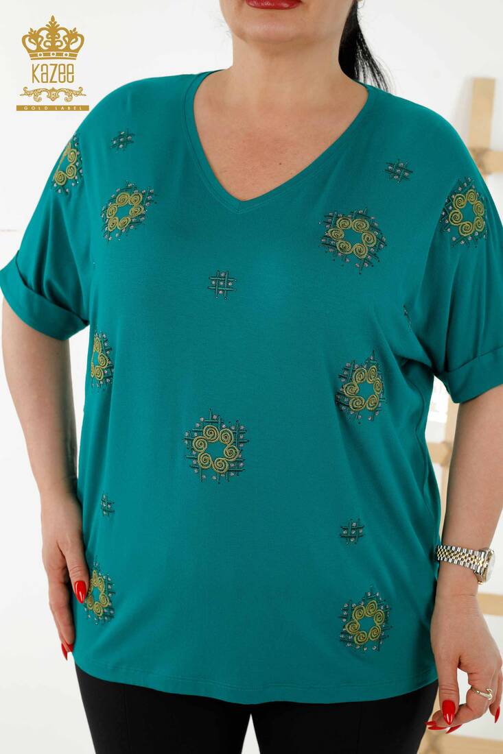 Women's Blouse Stone Embroidered Green - 78879 | KAZEE