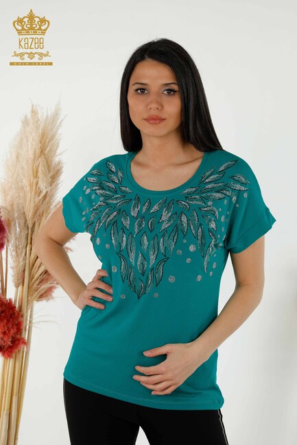 Women's Blouse Stone Embroidered Green - 79053 | KAZEE - Thumbnail