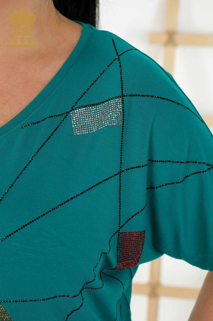 Women's Blouse Stone Embroidered Green - 79288 | KAZEE