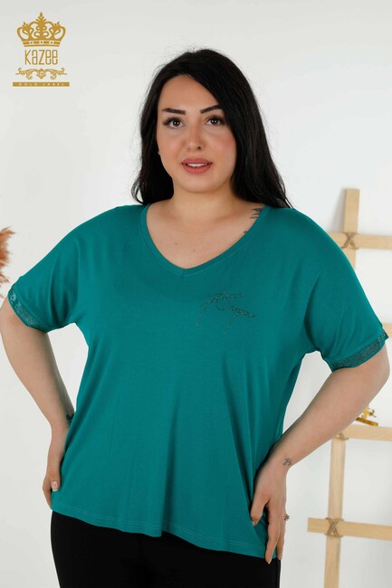 Women's Blouse Stone Embroidered Green - 79297 | KAZEE - Thumbnail