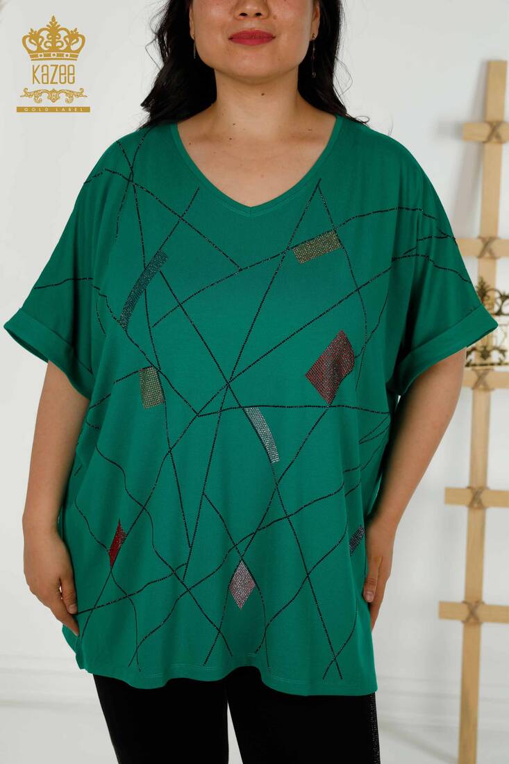 Women's Blouse Stone Embroidered Green - 79320 | KAZEE