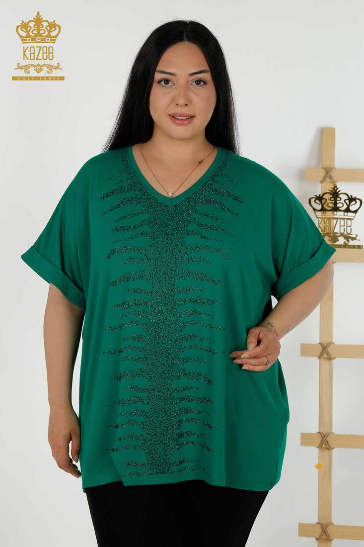 Women's Blouse Stone Embroidered Green - 79321 | KAZEE