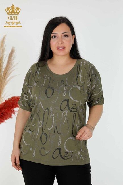 Women's Blouse Stone Embroidered Khaki - 78833 | KAZEE - Thumbnail