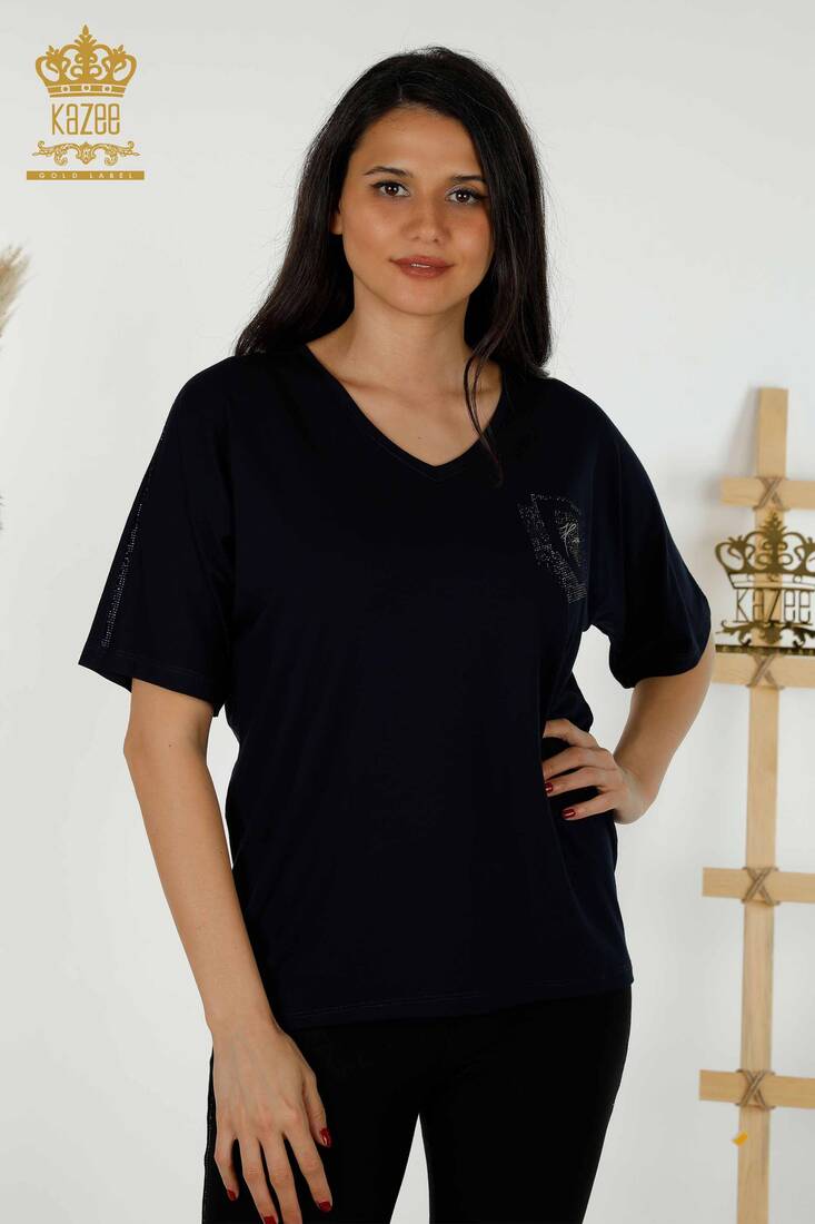 Women's Blouse Stone Embroidered Navy Blue - 77487 | KAZEE