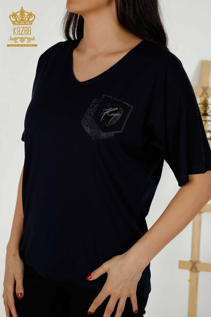 Women's Blouse Stone Embroidered Navy Blue - 77487 | KAZEE - Thumbnail