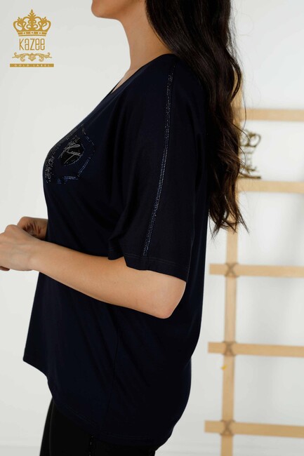 Women's Blouse Stone Embroidered Navy Blue - 77487 | KAZEE - Thumbnail