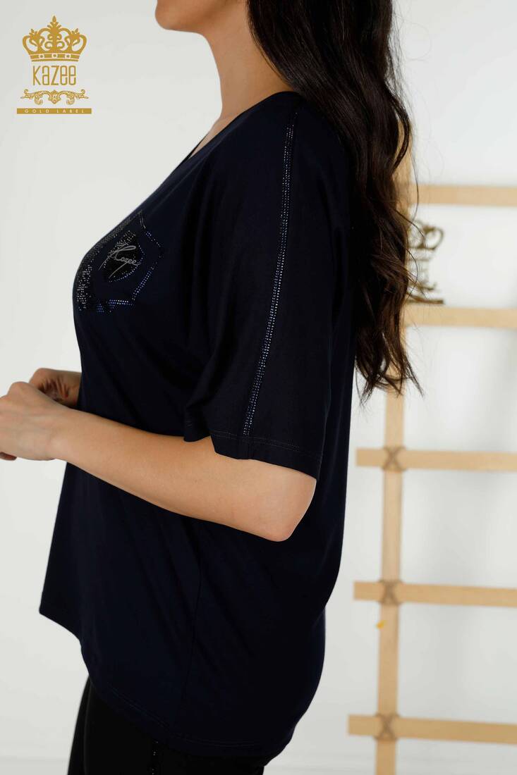 Women's Blouse Stone Embroidered Navy Blue - 77487 | KAZEE