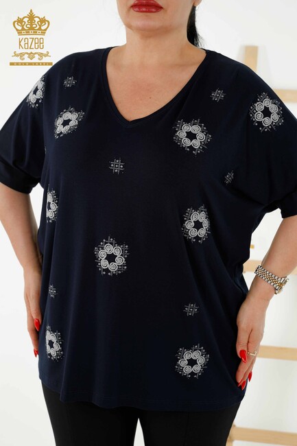 Women's Blouse Stone Embroidered Navy Blue - 78879 | KAZEE - Thumbnail