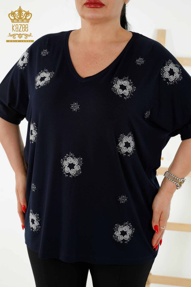 Women's Blouse Stone Embroidered Navy Blue - 78879 | KAZEE