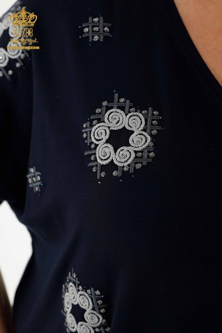 Women's Blouse Stone Embroidered Navy Blue - 78879 | KAZEE - Thumbnail