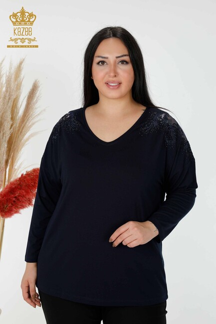 Women's Blouse Stone Embroidered Navy Blue - 78911 | KAZEE - Thumbnail