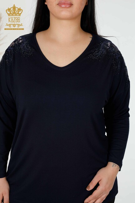 Women's Blouse Stone Embroidered Navy Blue - 78911 | KAZEE - Thumbnail