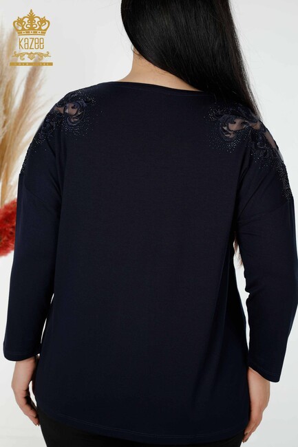 Women's Blouse Stone Embroidered Navy Blue - 78911 | KAZEE - Thumbnail