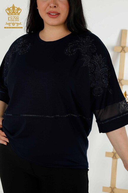 Women's Blouse Stone Embroidered Navy Blue - 79051 | KAZEE - Thumbnail