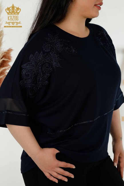 Women's Blouse Stone Embroidered Navy Blue - 79051 | KAZEE - Thumbnail