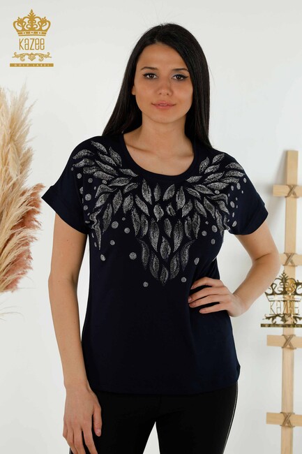 Women's Blouse Stone Embroidered Navy Blue - 79053 | KAZEE - Thumbnail