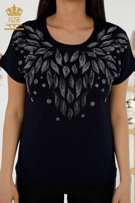 Women's Blouse Stone Embroidered Navy Blue - 79053 | KAZEE - Thumbnail