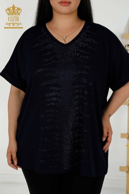 Women's Blouse Stone Embroidered Navy Blue - 79321 | KAZEE - Thumbnail