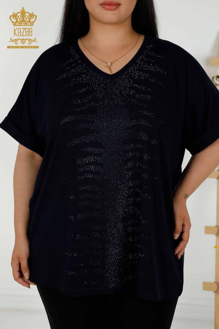 Women's Blouse Stone Embroidered Navy Blue - 79321 | KAZEE