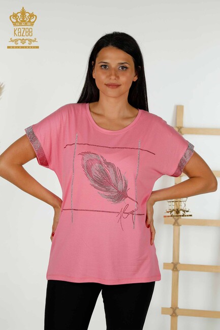 Women's Blouse Stone Embroidered Pink - 78878 | KAZEE - Thumbnail