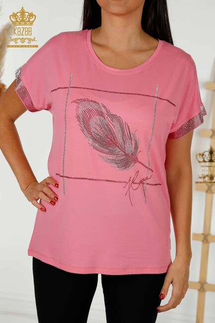 Women's Blouse Stone Embroidered Pink - 78878 | KAZEE - Thumbnail