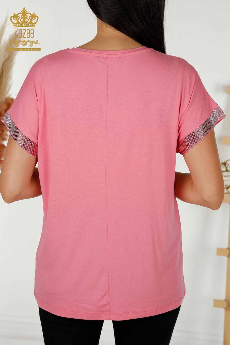 Women's Blouse Stone Embroidered Pink - 78878 | KAZEE