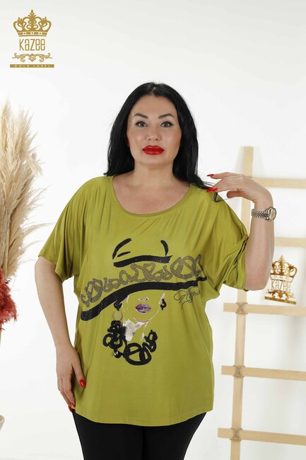 Women's Blouse Stone Embroidered Pistachio Green - 77756 | KAZEE - Thumbnail