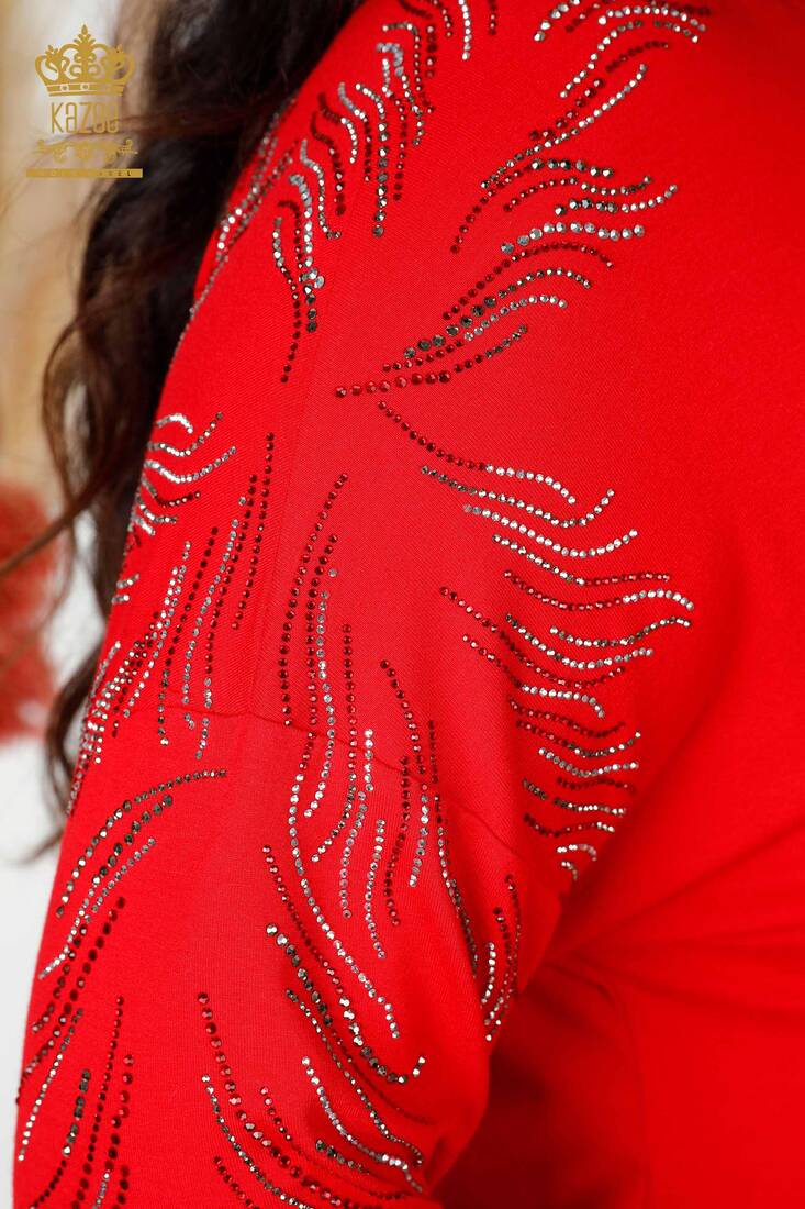 Women's Blouse Stone Embroidered Red - 77970 | KAZEE