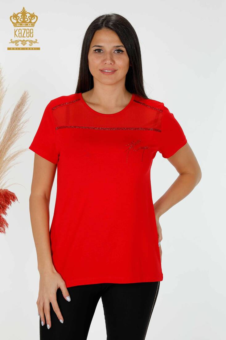 Women's Blouse Stone Embroidered Red - 78857 | KAZEE