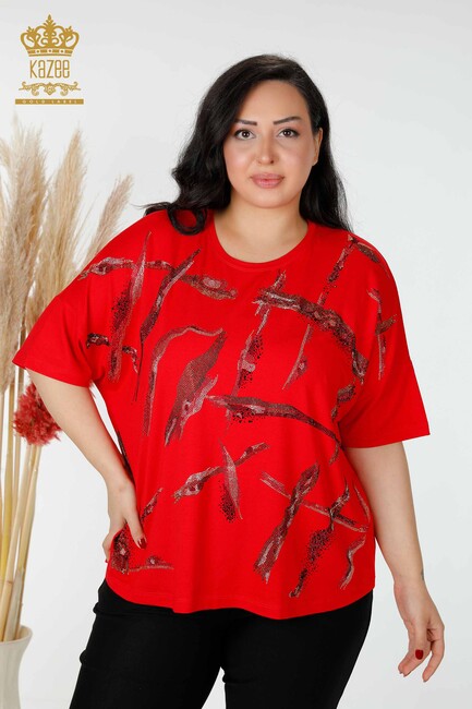 Women's Blouse Stone Embroidered Red - 78907 | KAZEE - Thumbnail