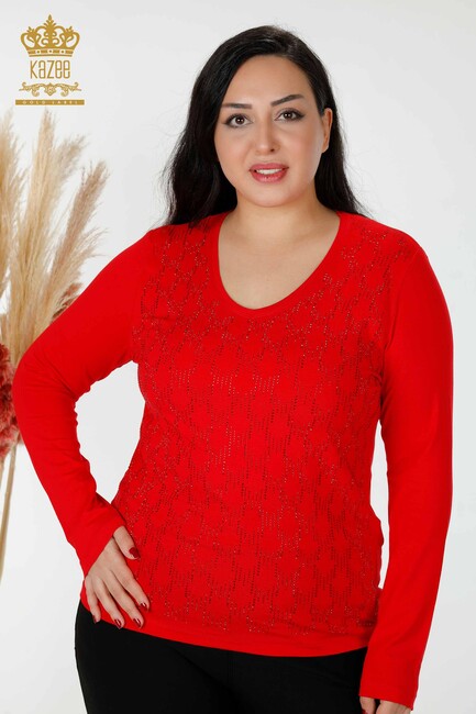 Women's Blouse Stone Embroidered Red - 79016 | KAZEE - Thumbnail