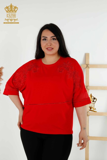 Women's Blouse Stone Embroidered Red - 79051 | KAZEE - Thumbnail