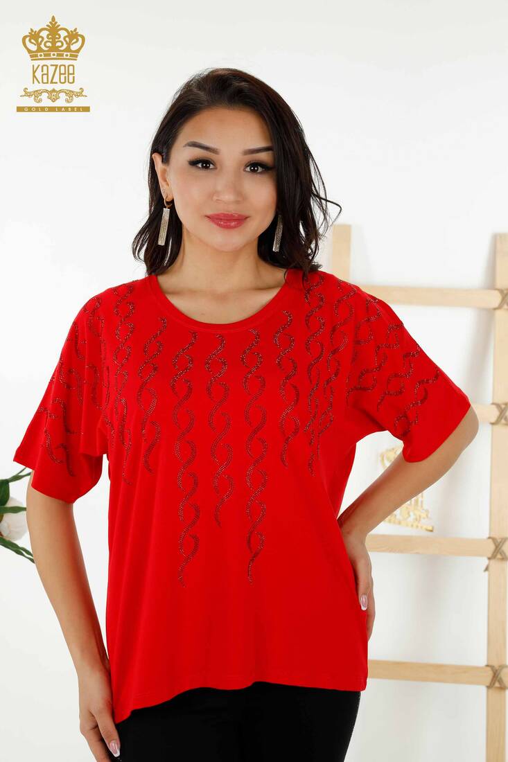 Women's Blouse Stone Embroidered Red - 79069 | KAZEE