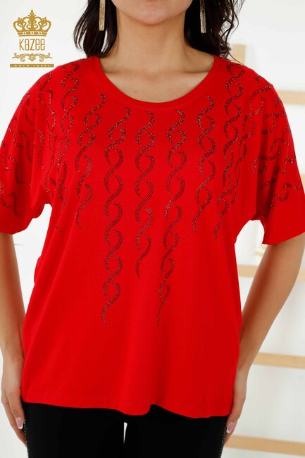 Women's Blouse Stone Embroidered Red - 79069 | KAZEE - Thumbnail