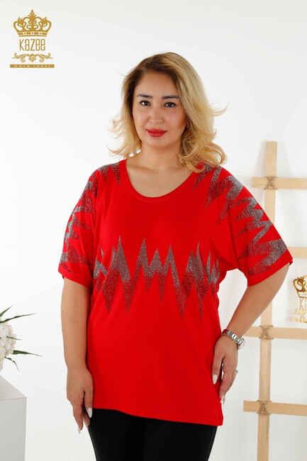 Women's Blouse Stone Embroidered Red - 79109 | KAZEE - Thumbnail