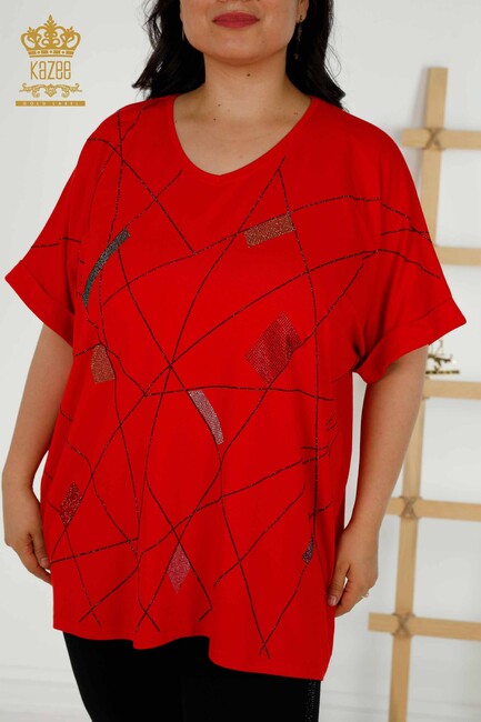 Women's Blouse Stone Embroidered Red - 79320 | KAZEE - Thumbnail