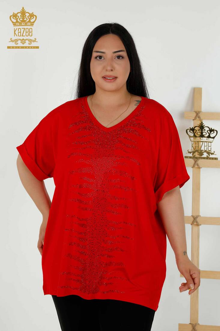 Women's Blouse Stone Embroidered Red - 79321 | KAZEE