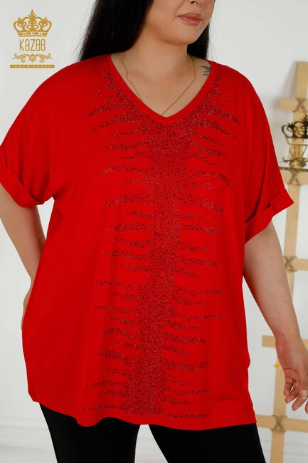 Women's Blouse Stone Embroidered Red - 79321 | KAZEE - Thumbnail