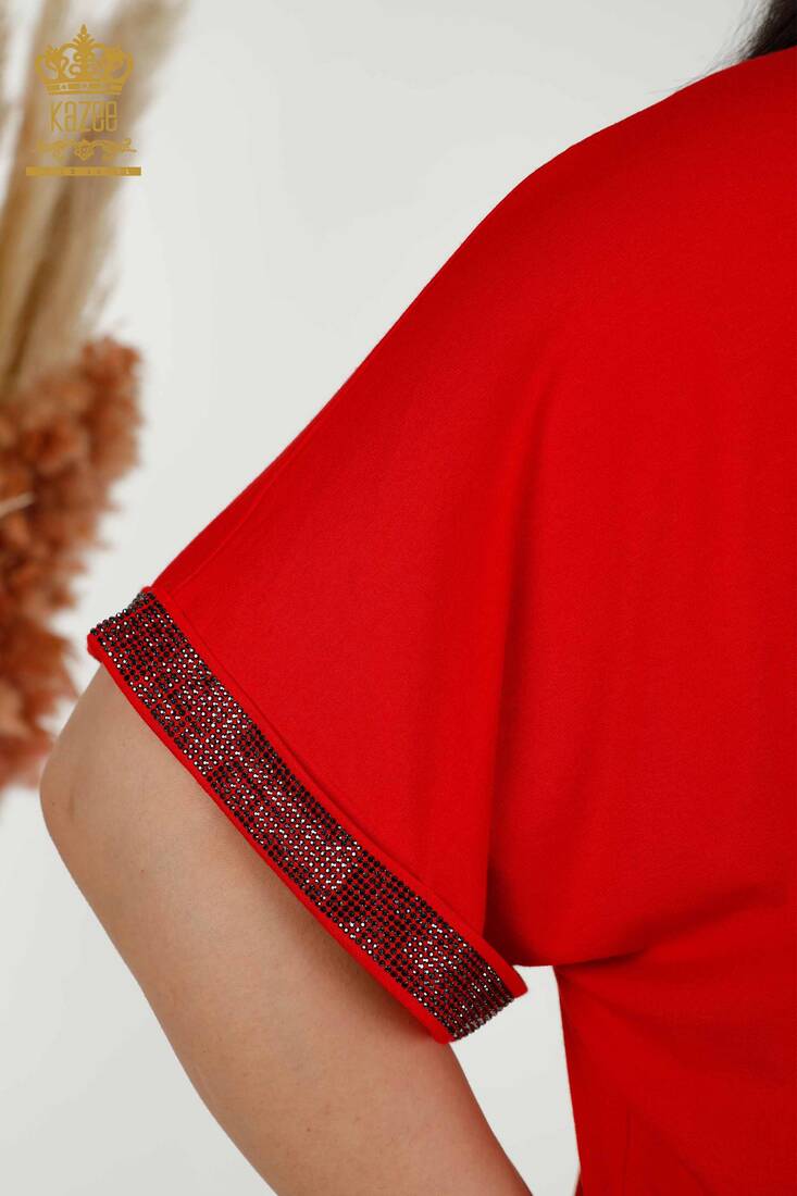 Women's Blouse Stone Embroidered Red - 79325 | KAZEE