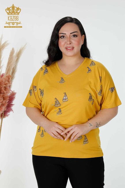 Women's Blouse Stone Embroidered Saffron - 78936 | KAZEE - Thumbnail