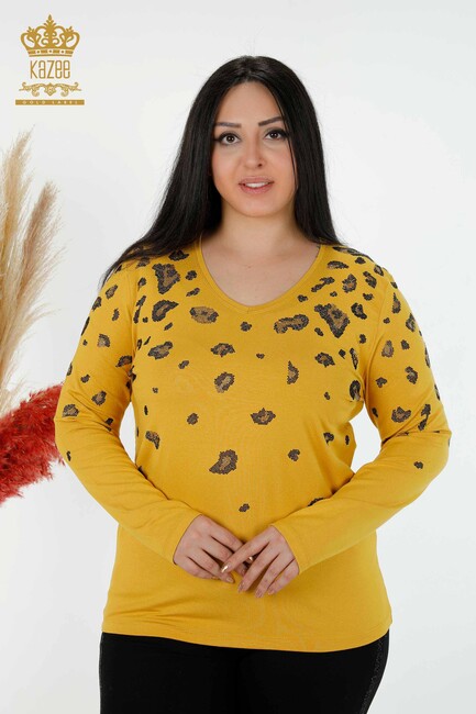 Women's Blouse Stone Embroidered V Neck Saffron - 79047 | KAZEE - Thumbnail